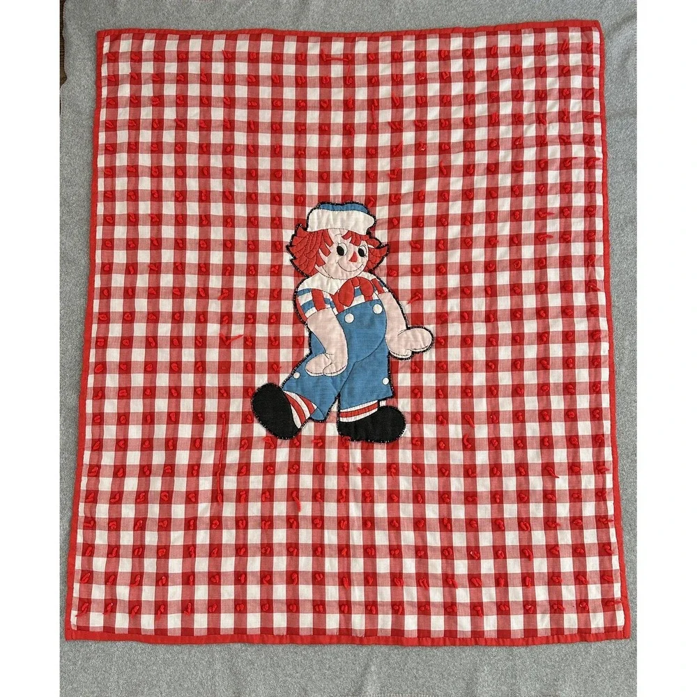 Vintage Raggedy Ann Quilt Baby Red Gingham Checkered Puffy Applique Handmade‎